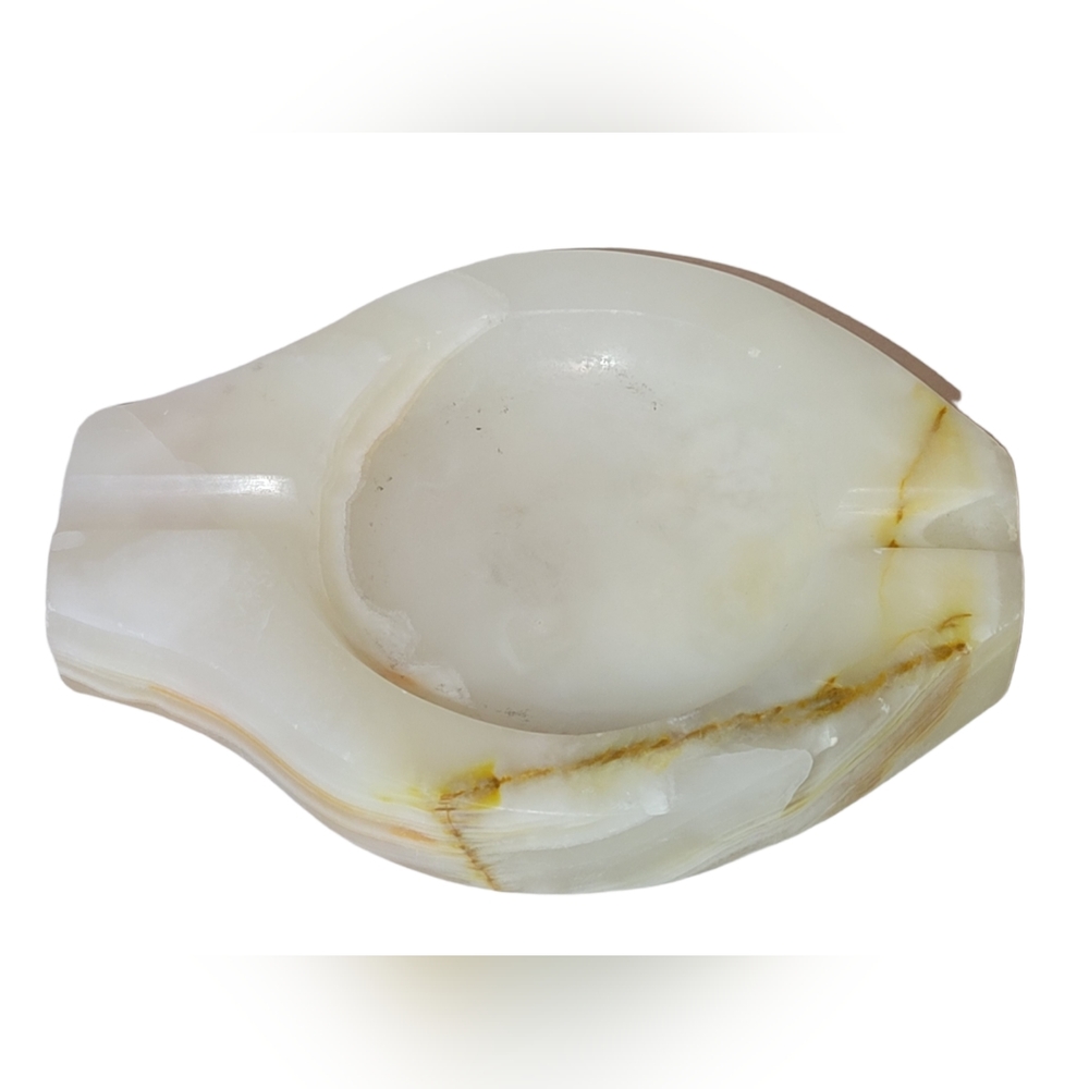 Vintage Alabaster Stone Ashtray Marbled Tan, Beige. Approximately palm sized.